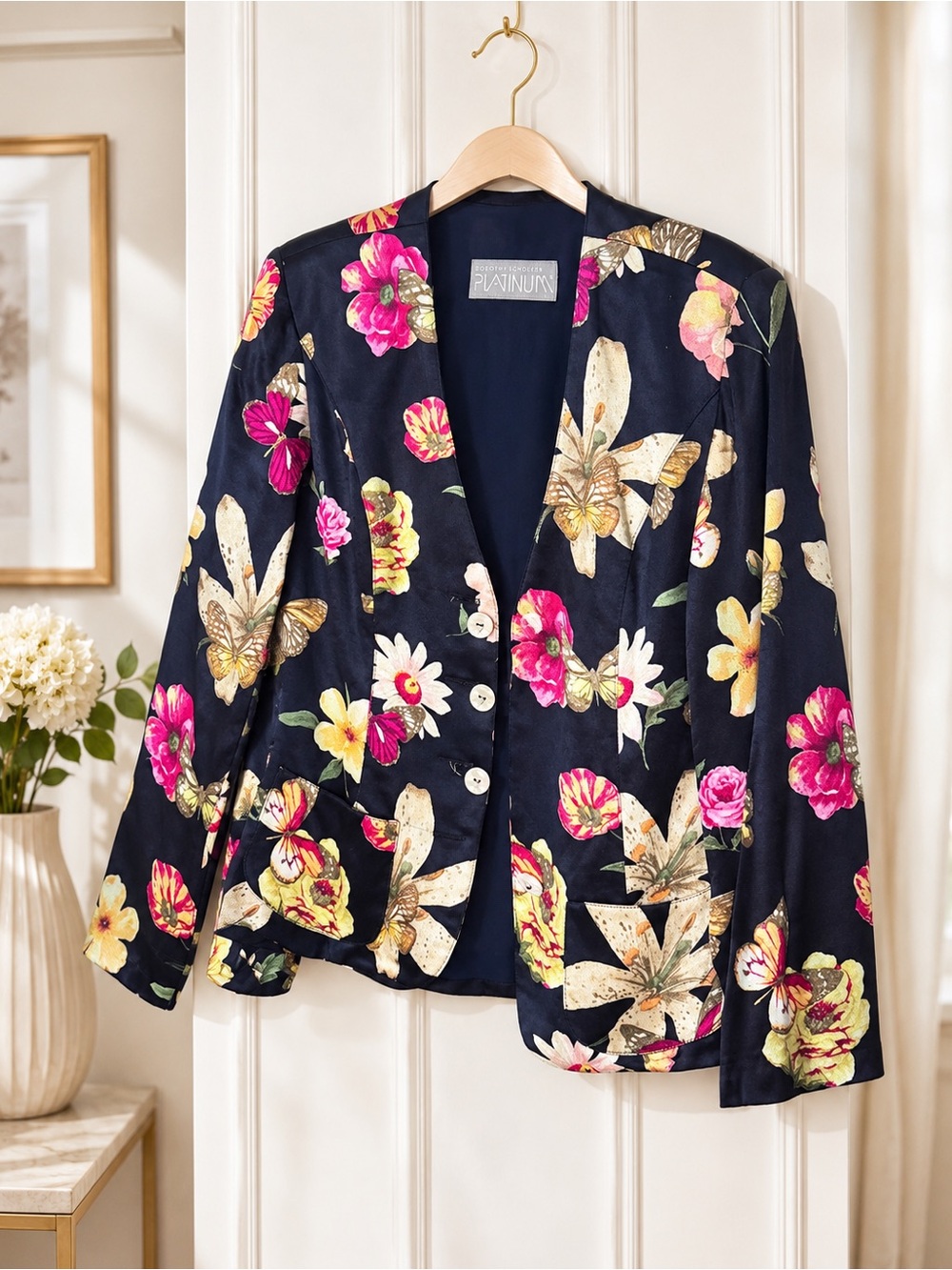 Vintage Dorothy Schoelen Platinum 100% Silk Floral Butterfly Blazer Size L